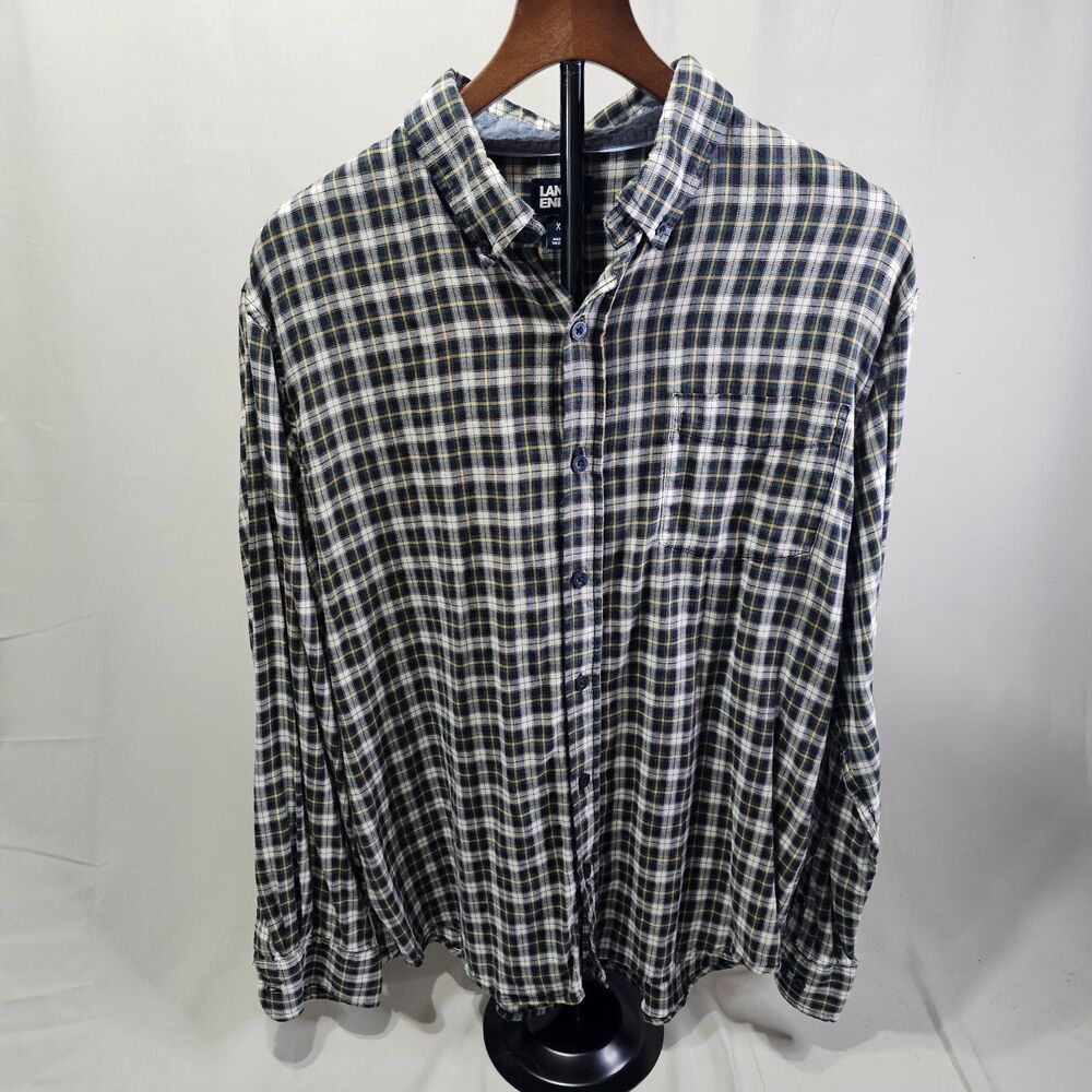Lands' End Blue/Green Plaid Button Up Shirt Mens Size XL
